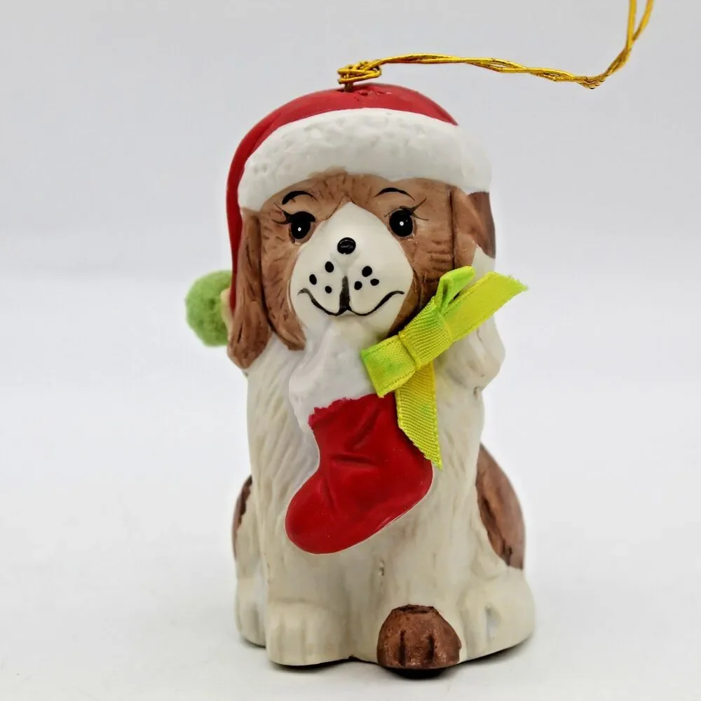 Holly Bells Porcelain Puppy Dog Bell Ornament Vintage 1986 Original Box b